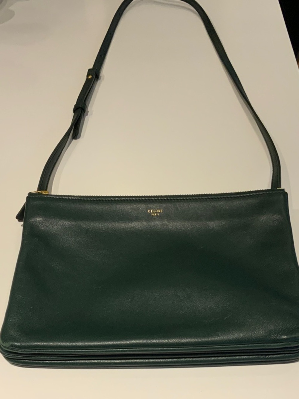 Celine Dark Green Leather Large Trio Crossbody Bag with Gold Logo